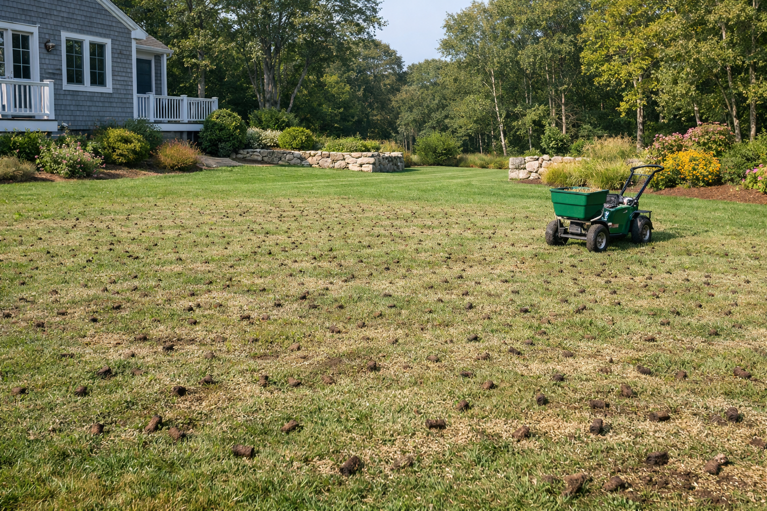 Lawn aeration and overseeding at a residential property in South Kingstown Rhode Island