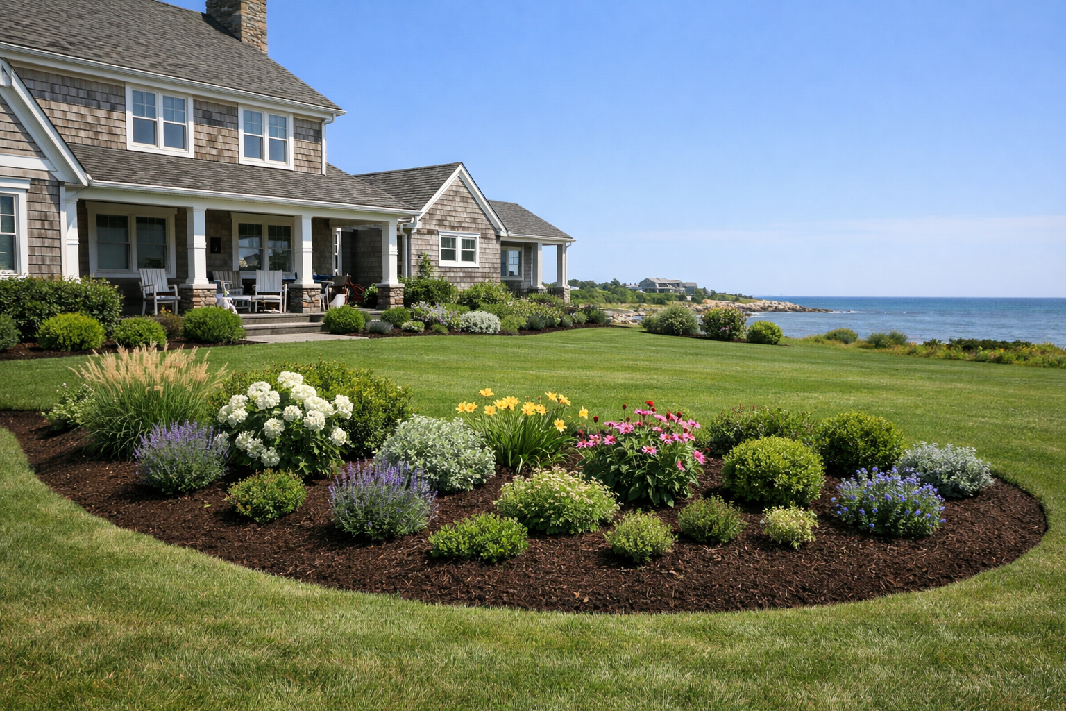 New landscape design and planting bed installation at a residential property in Narragansett Rhode Island