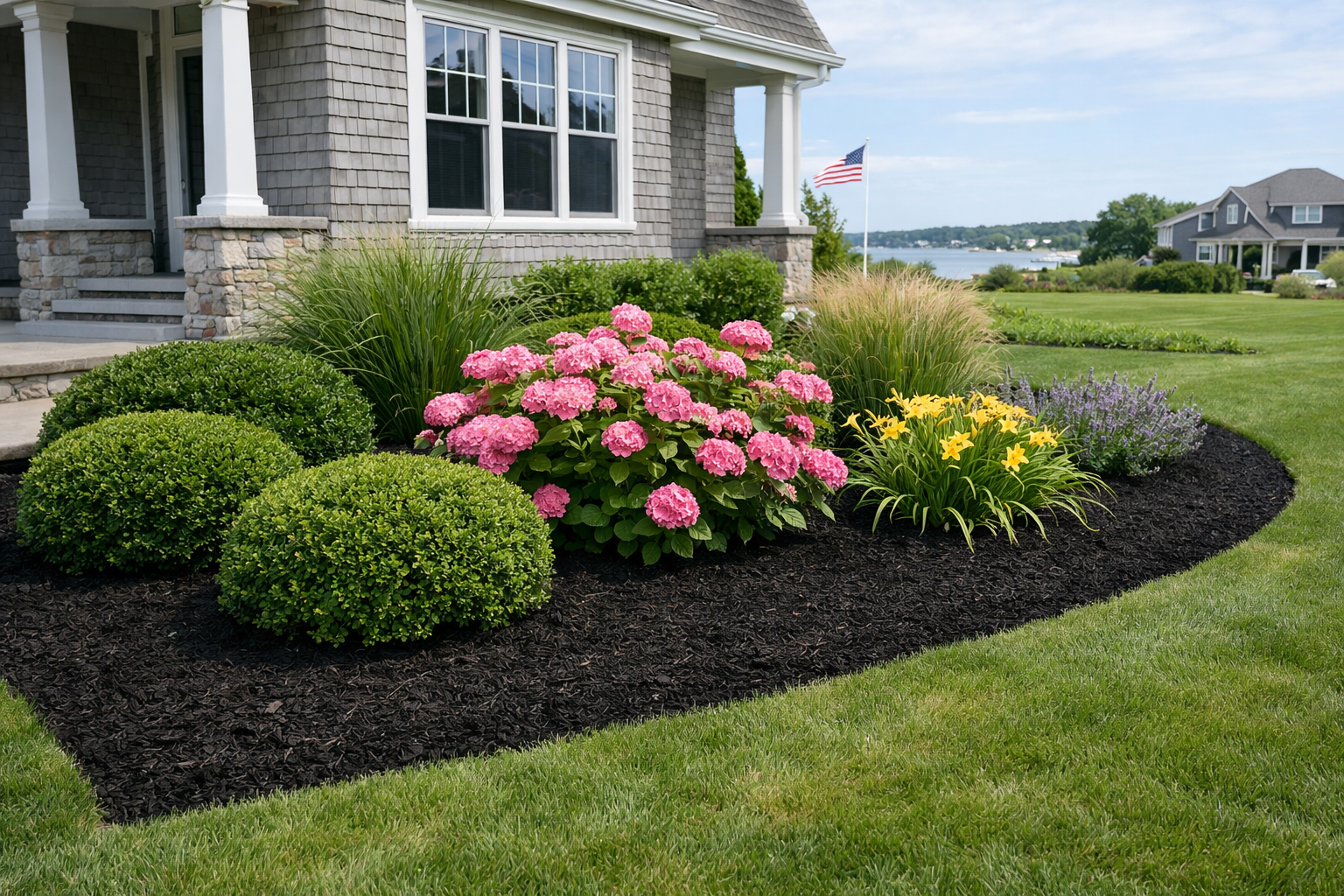Fresh mulch installation in planting beds at a residential property in Westerly Rhode Island