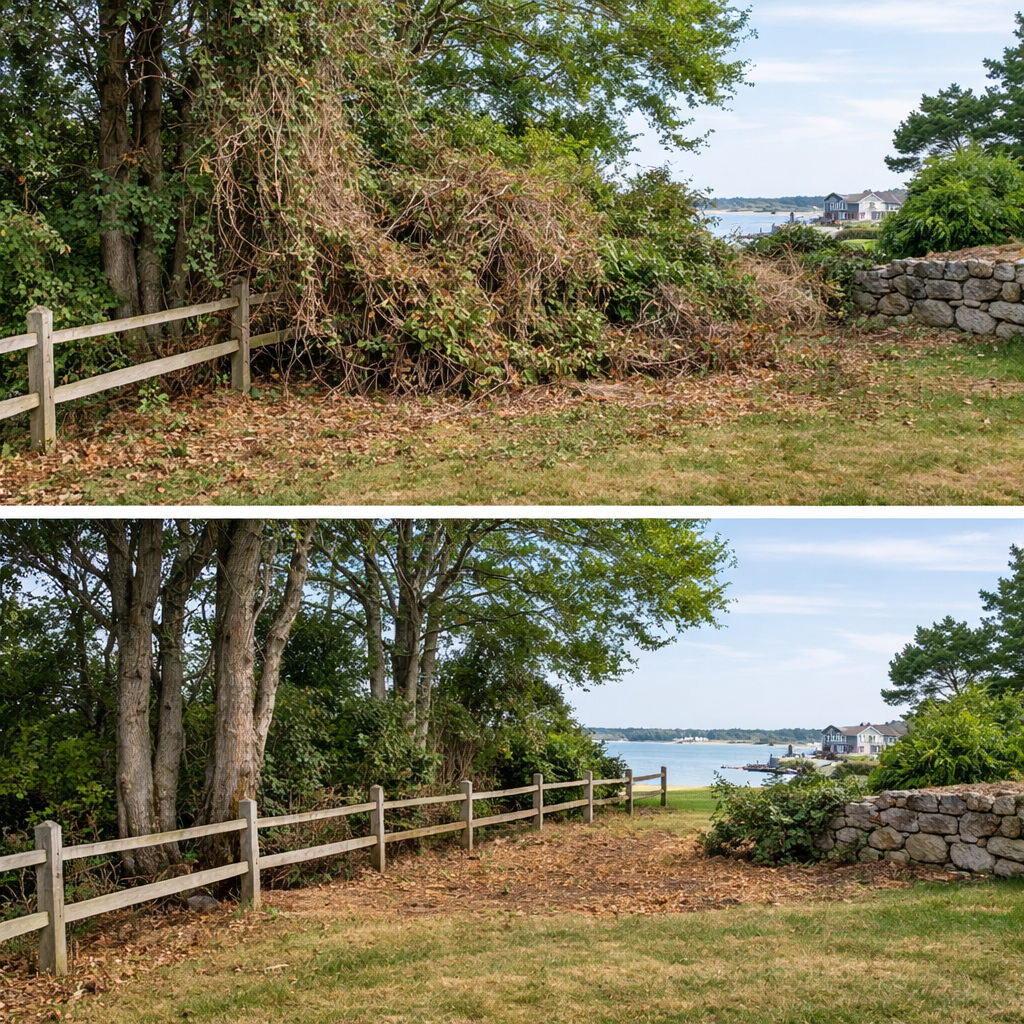 Before and after Oriental bittersweet removal at a residential property in Narragansett Rhode Island
